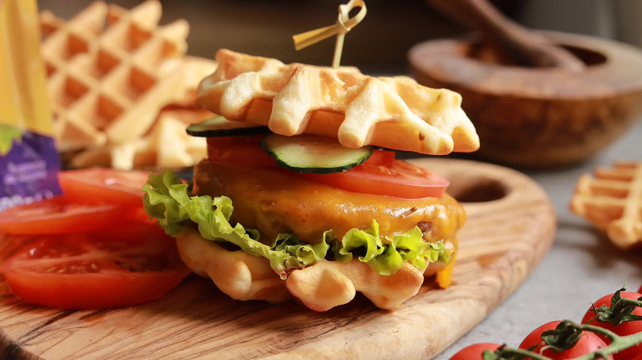 waffle burger cu vita si cheddar