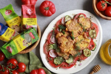 cartofi noi zdrobiți cu salată și dressing aromat
